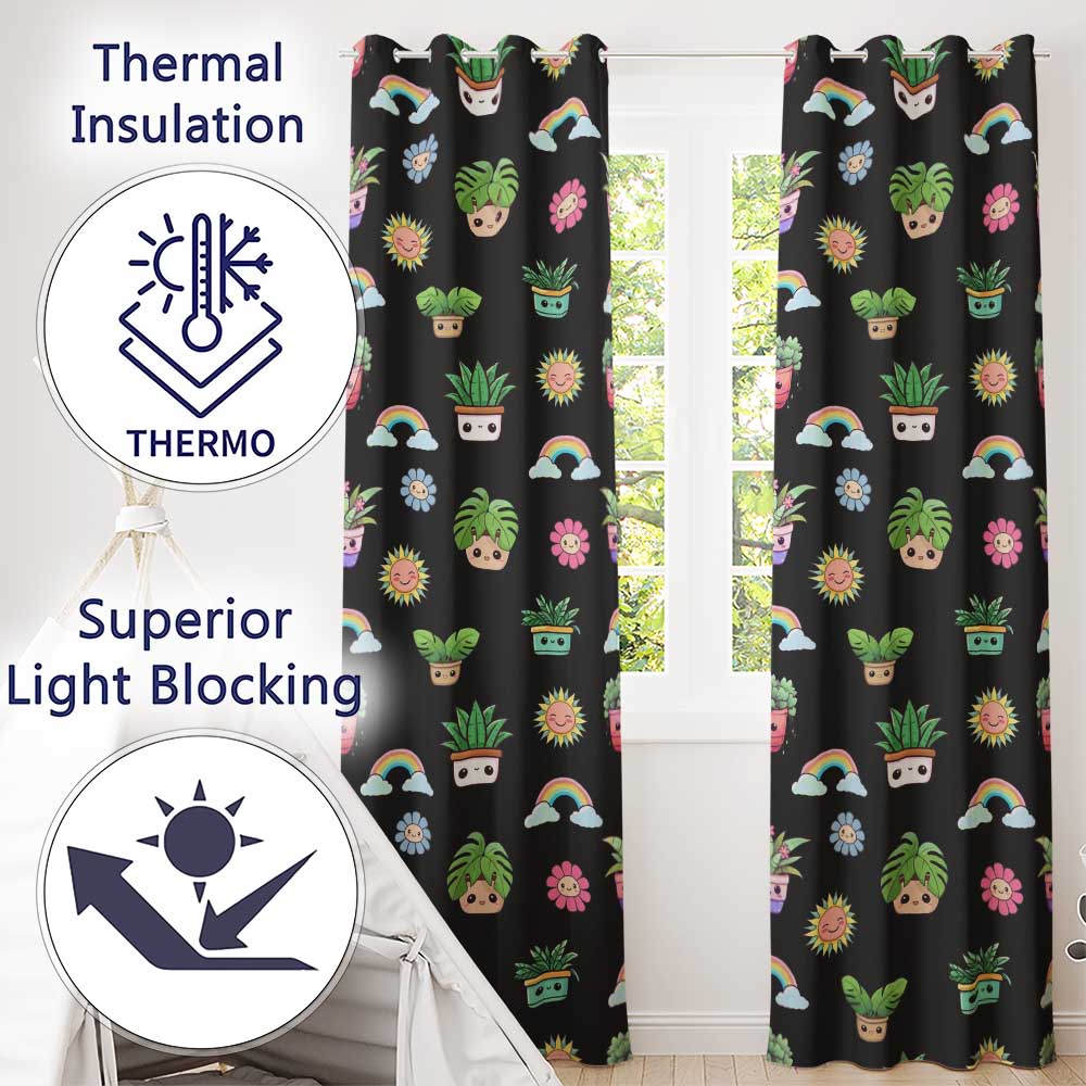 Cute Kawaii Plants Rainbows Smiling Sun Black Background Seamless Pattern Readymade Eyelet Ring Top Thermal 100% Blackout Curtains