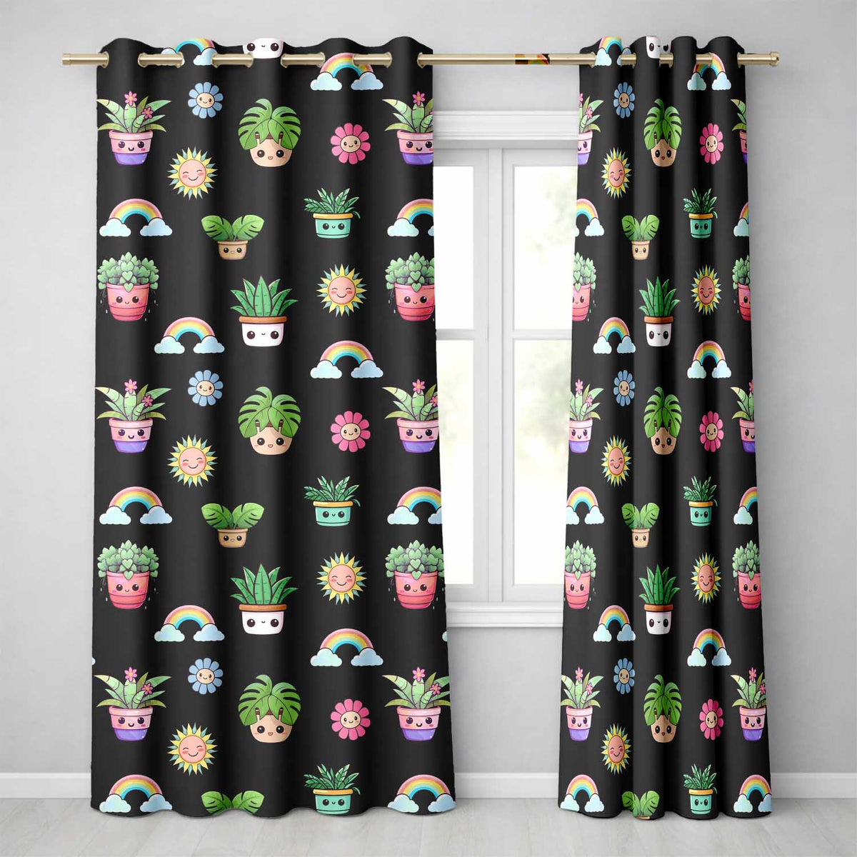 Cute Kawaii Plants Rainbows Smiling Sun Black Background Seamless Pattern Readymade Eyelet Ring Top Thermal 100% Blackout Curtains