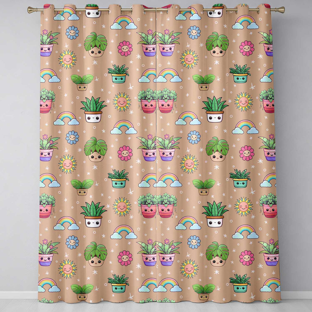 Cute Kawaii Plants Rainbows Smiling Sun Peach Background Seamless Pattern Readymade Eyelet Ring Top Thermal 100% Blackout Curtains
