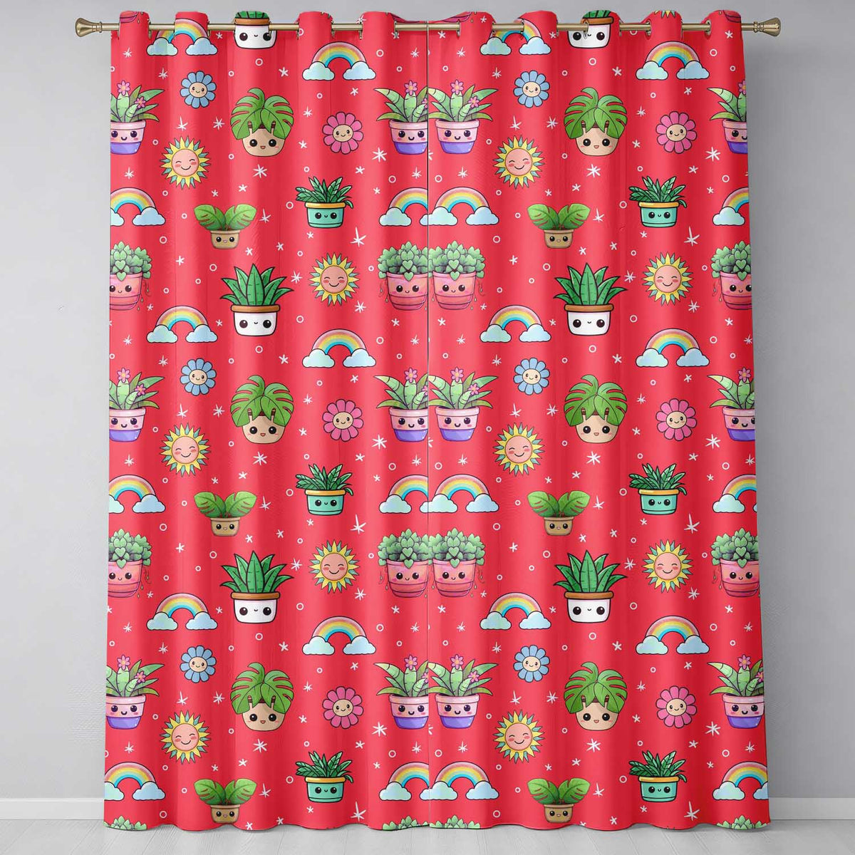 Cute Kawaii Plants Rainbows Smiling Sun Red Background Seamless Pattern Readymade Eyelet Ring Top Thermal 100% Blackout Curtains
