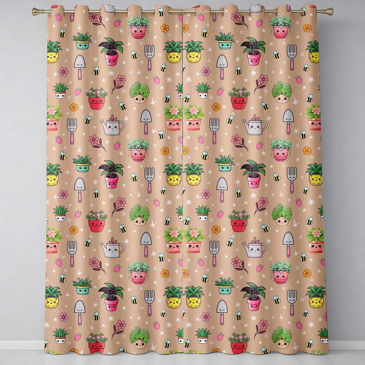 Cute Kawaii Garden Tools Bees Flowers Plants Seamless Pattern Readymade Eyelet Ring Top Thermal 100% Blackout Curtains