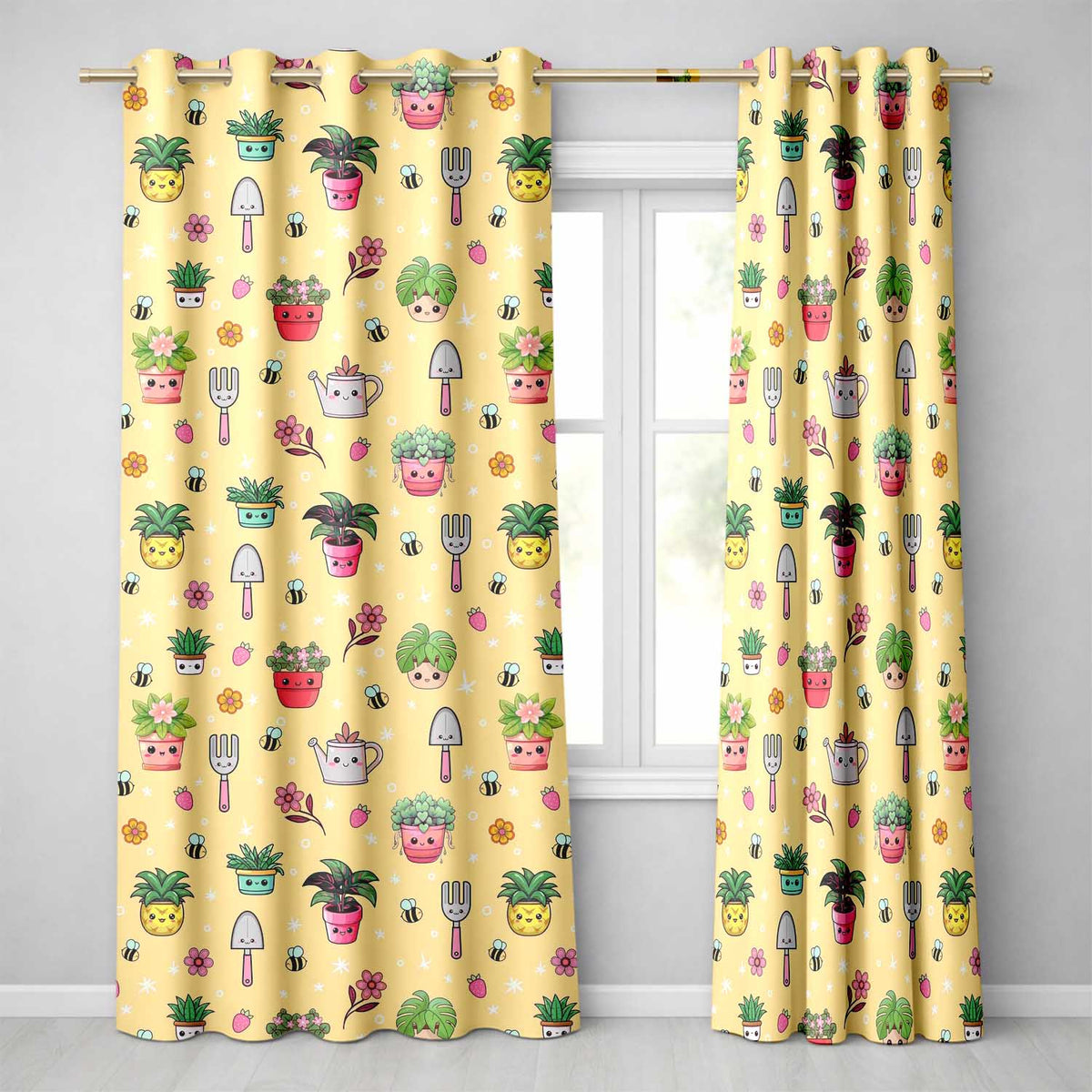 Cute Kawaii Garden Tools Bees Flowers Plants Yellow Background Seamless Pattern Readymade Eyelet Ring Top Thermal 100% Blackout Curtains