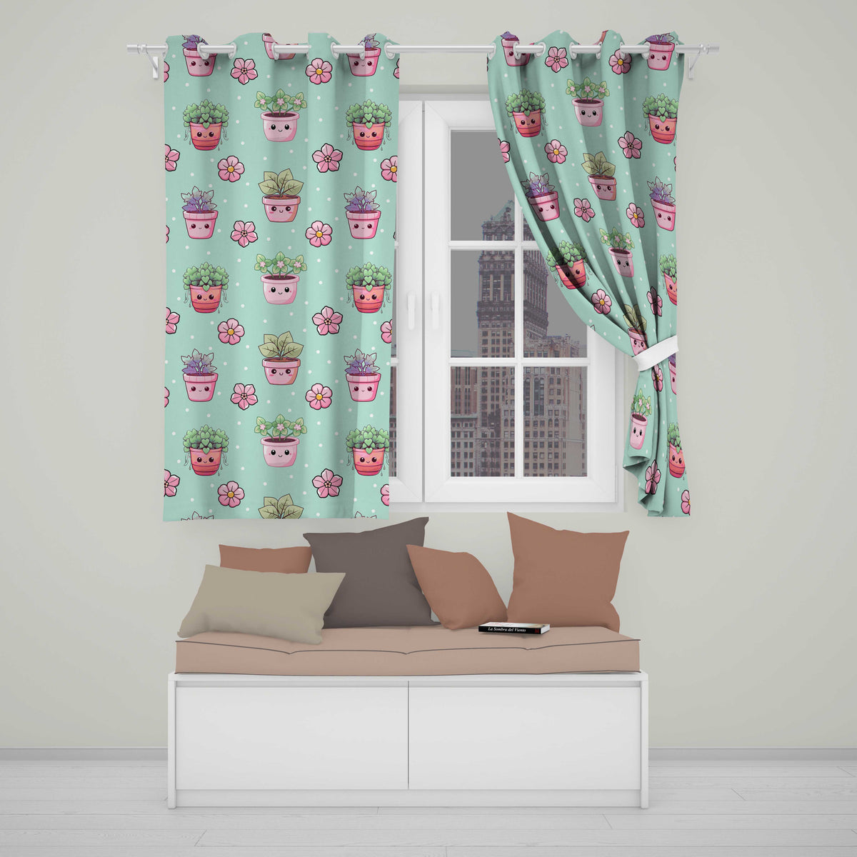 Cute Kawaii Flower Pots Blossom Mint Background Seamless Pattern Readymade Eyelet Ring Top Thermal 100% Blackout Curtains