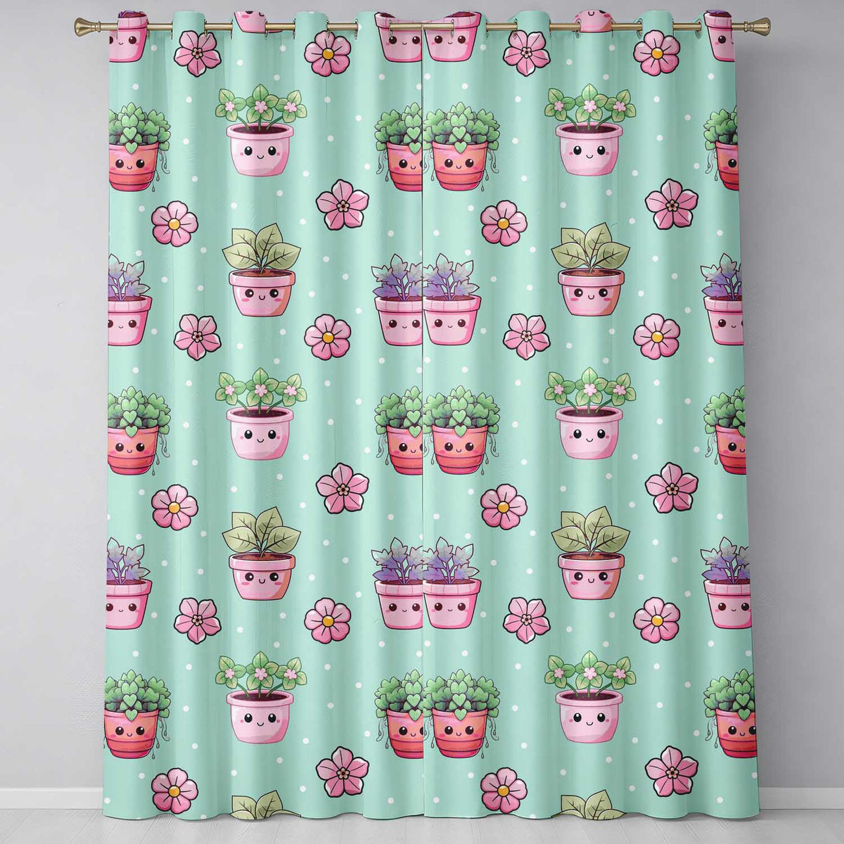 Cute Kawaii Flower Pots Blossom Mint Background Seamless Pattern Readymade Eyelet Ring Top Thermal 100% Blackout Curtains
