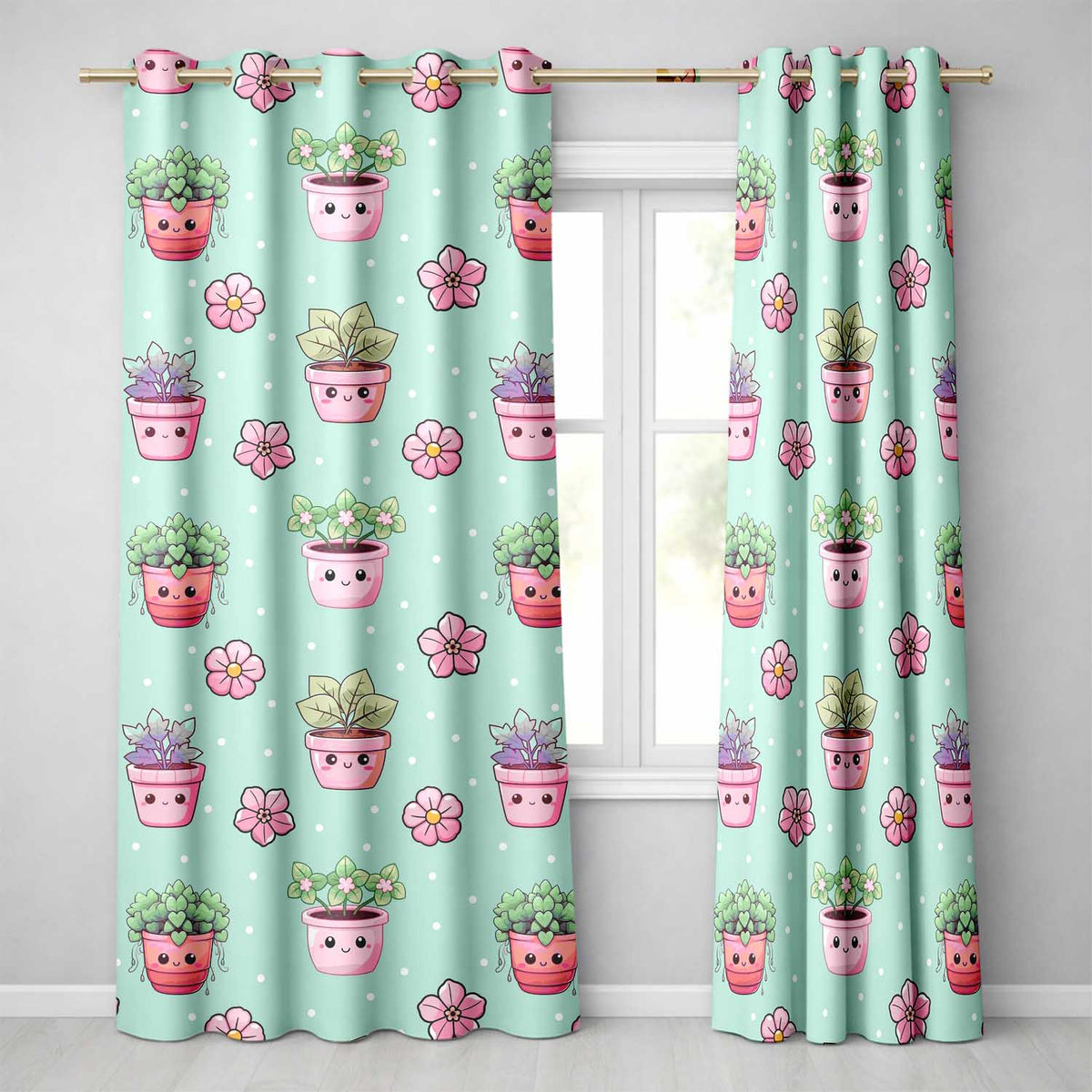 Cute Kawaii Flower Pots Blossom Mint Background Seamless Pattern Readymade Eyelet Ring Top Thermal 100% Blackout Curtains