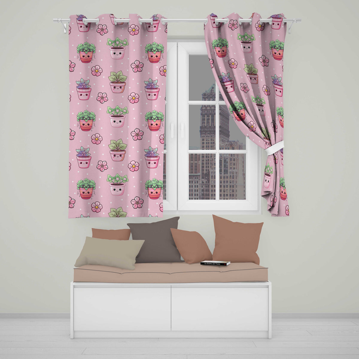 Cute Kawaii Flower Pots Blossom Soft Pink Background Seamless Pattern Readymade Eyelet Ring Top Thermal 100% Blackout Curtains