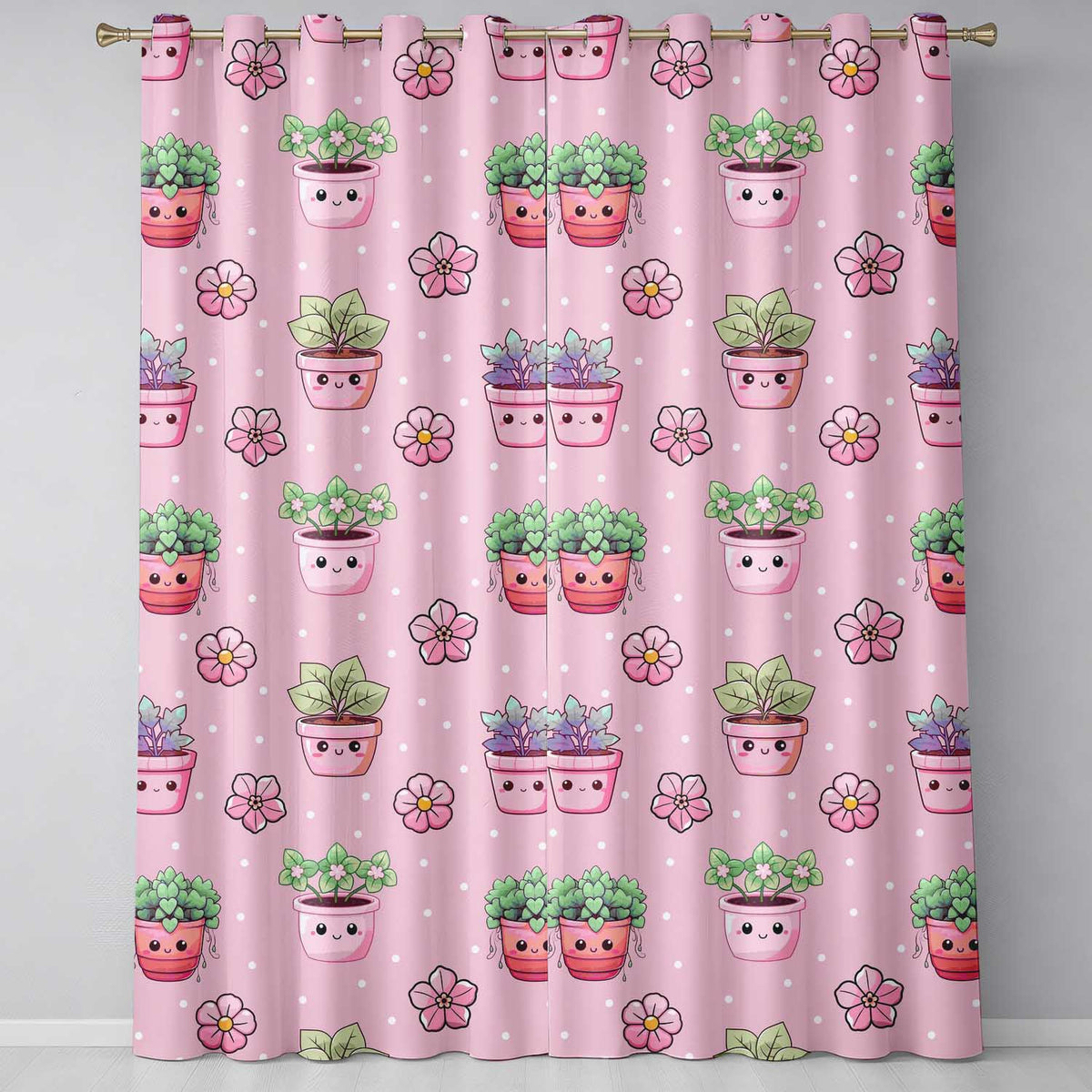 Cute Kawaii Flower Pots Blossom Soft Pink Background Seamless Pattern Readymade Eyelet Ring Top Thermal 100% Blackout Curtains