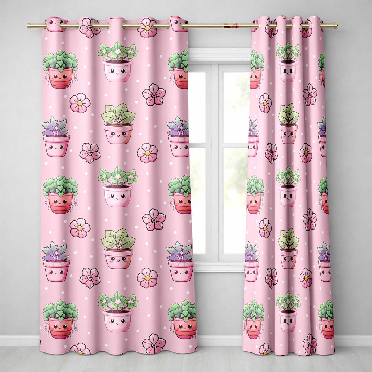 Cute Kawaii Flower Pots Blossom Soft Pink Background Seamless Pattern Readymade Eyelet Ring Top Thermal 100% Blackout Curtains