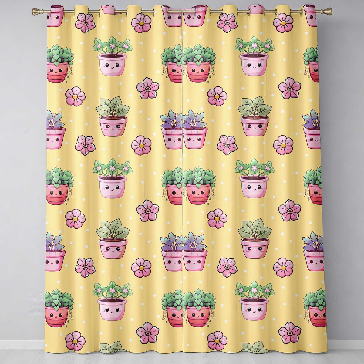 Cute Kawaii Flower Pots Blossom Yellow Background Seamless Pattern Readymade Eyelet Ring Top Thermal 100% Blackout Curtains
