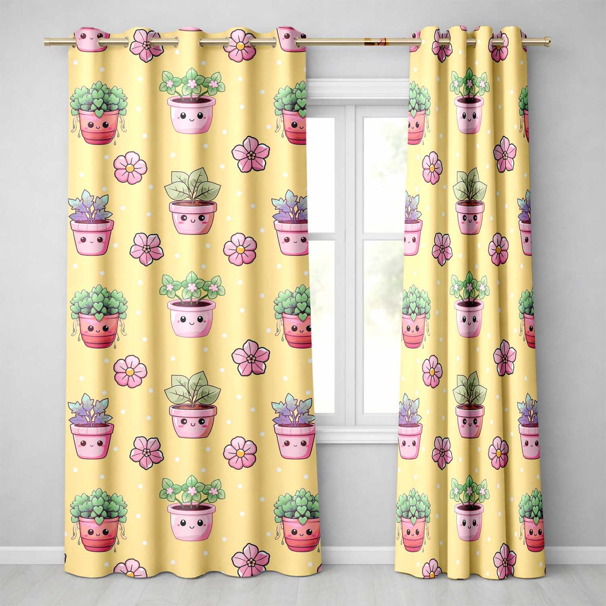 Cute Kawaii Flower Pots Blossom Yellow Background Seamless Pattern Readymade Eyelet Ring Top Thermal 100% Blackout Curtains