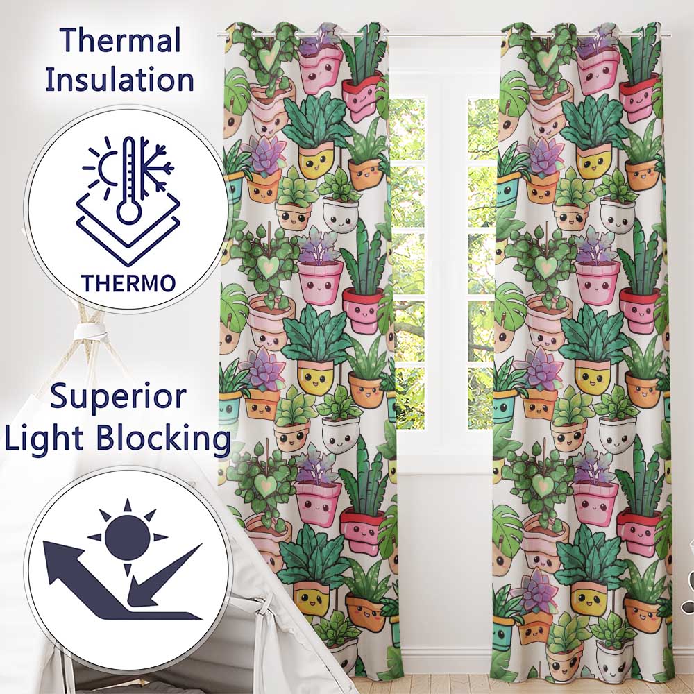 Cute Kawaii Indoor House Plants Cream Background Seamless Pattern Readymade Eyelet Ring Top Thermal 100% Blackout Curtains