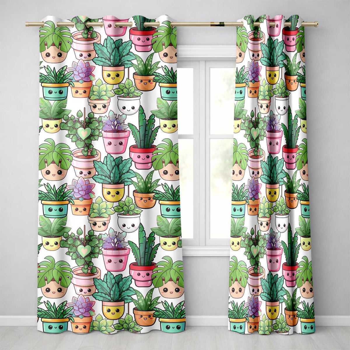 Cute Kawaii Indoor House Plants Cream Background Seamless Pattern Readymade Eyelet Ring Top Thermal 100% Blackout Curtains