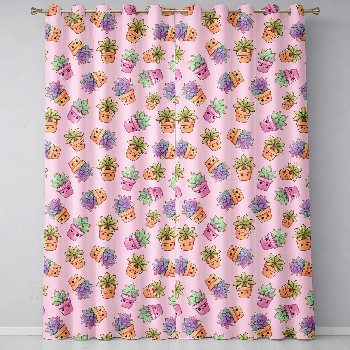 Cute Kawaii Succulent Plant Pots Pastel Pink Background Seamless Pattern Readymade Eyelet Ring Top Thermal 100% Blackout Curtains
