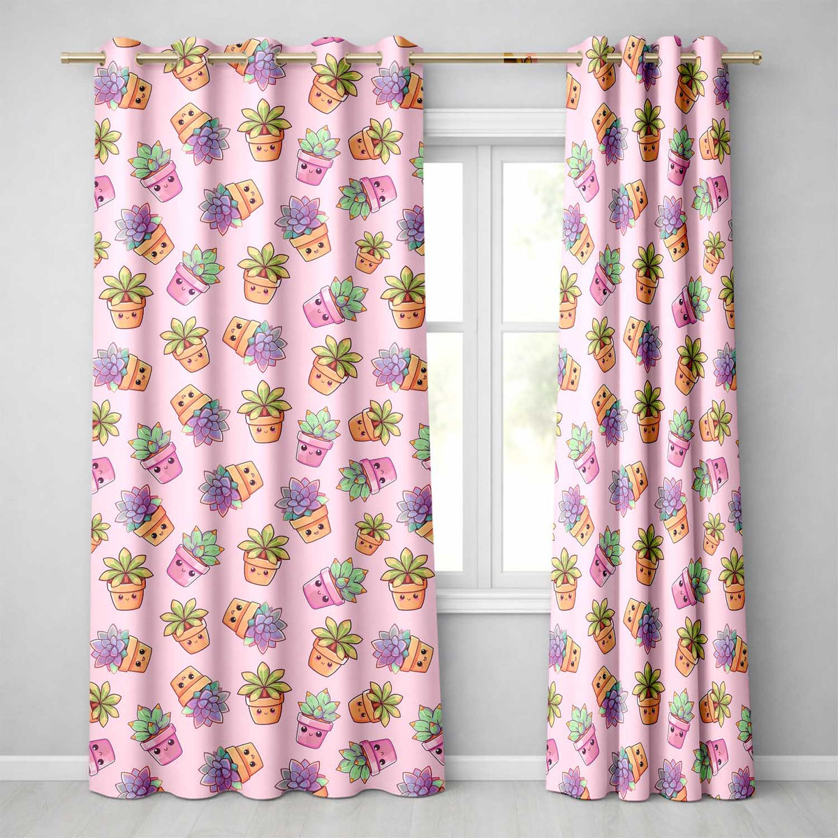 Cute Kawaii Succulent Plant Pots Pastel Pink Background Seamless Pattern Readymade Eyelet Ring Top Thermal 100% Blackout Curtains