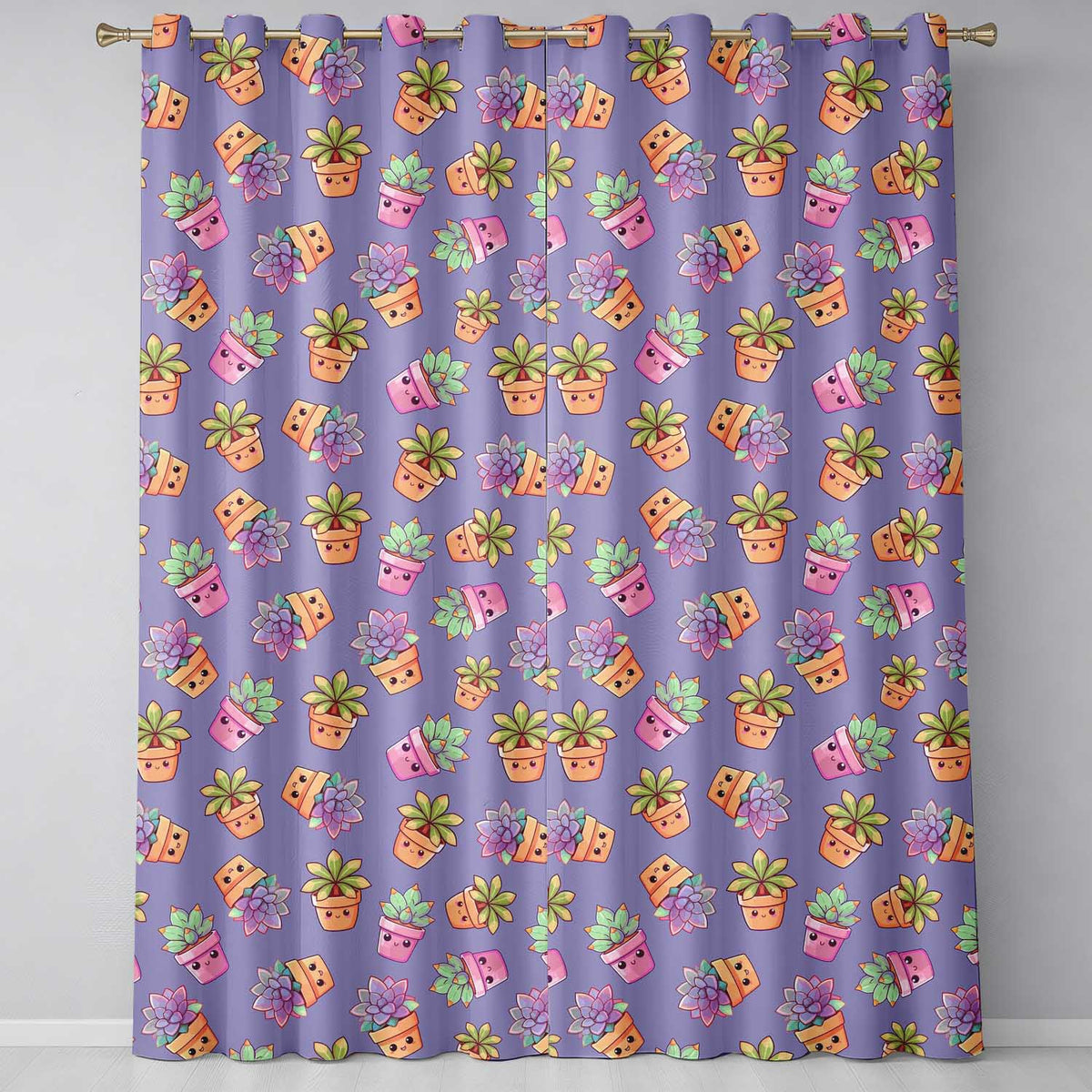Cute Kawaii Succulent Plant Pots Lavendar Background Seamless Pattern Readymade Eyelet Ring Top Thermal 100% Blackout Curtains