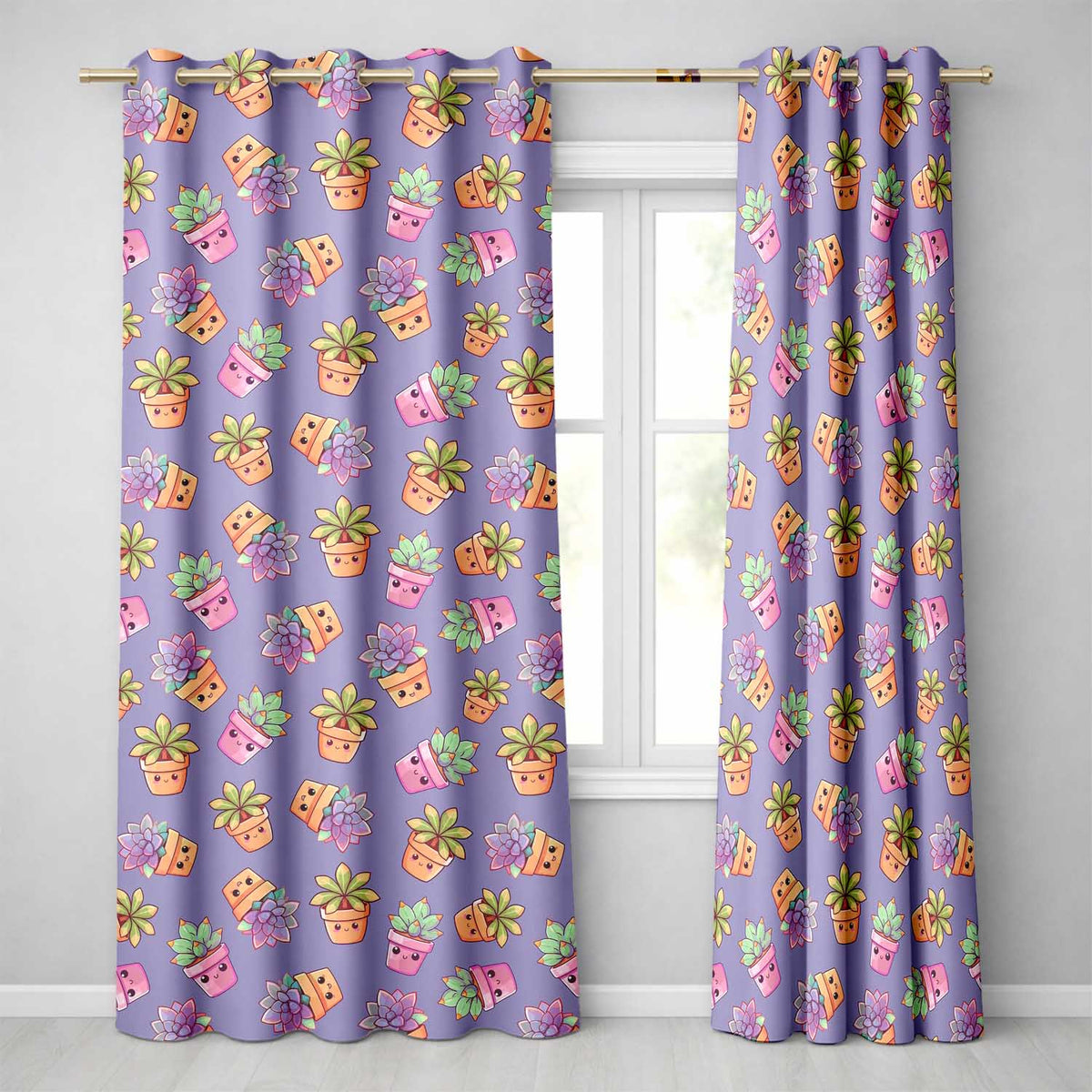 Cute Kawaii Succulent Plant Pots Lavendar Background Seamless Pattern Readymade Eyelet Ring Top Thermal 100% Blackout Curtains