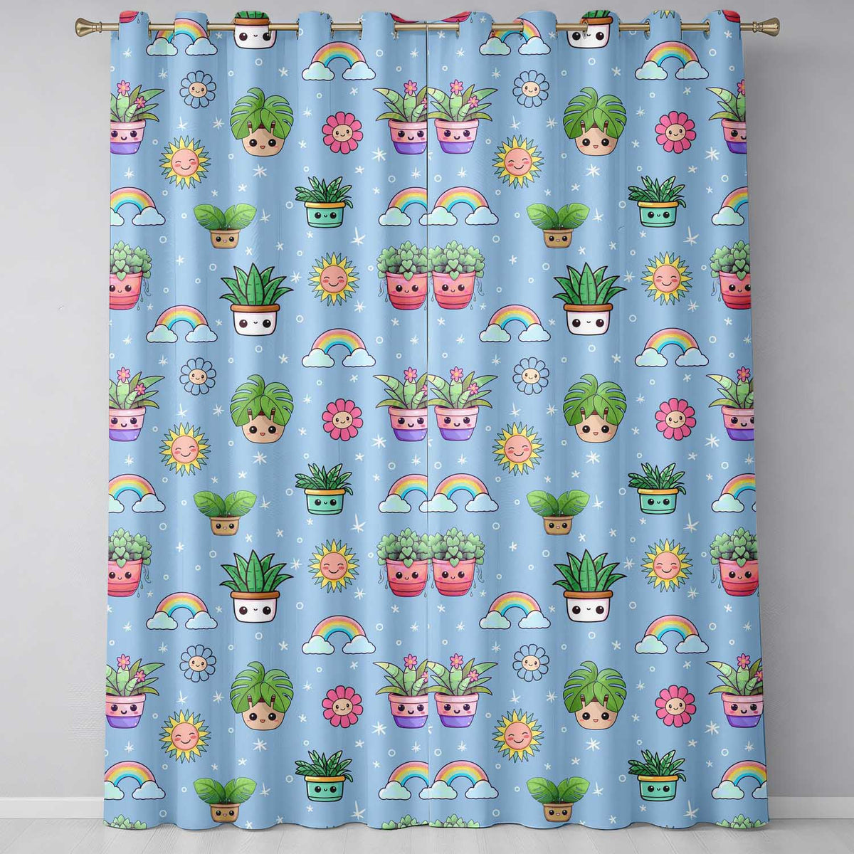 Cute Kawaii Tropical Plants Rainbow Sun Blue Background Seamless Pattern Readymade Eyelet Ring Top Thermal 100% Blackout Curtains