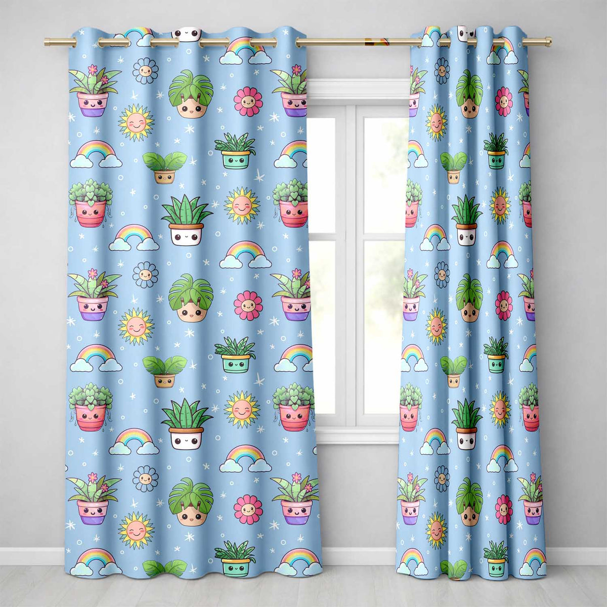 Cute Kawaii Tropical Plants Rainbow Sun Blue Background Seamless Pattern Readymade Eyelet Ring Top Thermal 100% Blackout Curtains