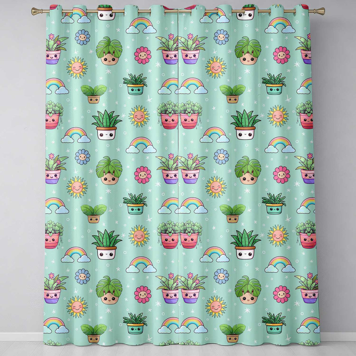Cute Kawaii Tropical Plants Rainbow Sun Mint Background Seamless Pattern Readymade Eyelet Ring Top Thermal 100% Blackout Curtains