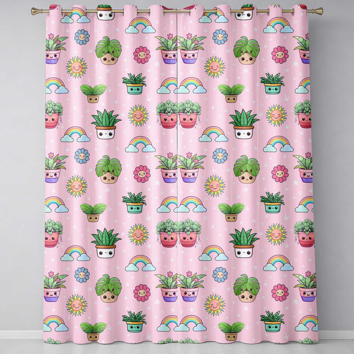 Cute Kawaii Tropical Plants Rainbow Sun Soft Pink Background Seamless Pattern Readymade Eyelet Ring Top Thermal 100% Blackout Curtains