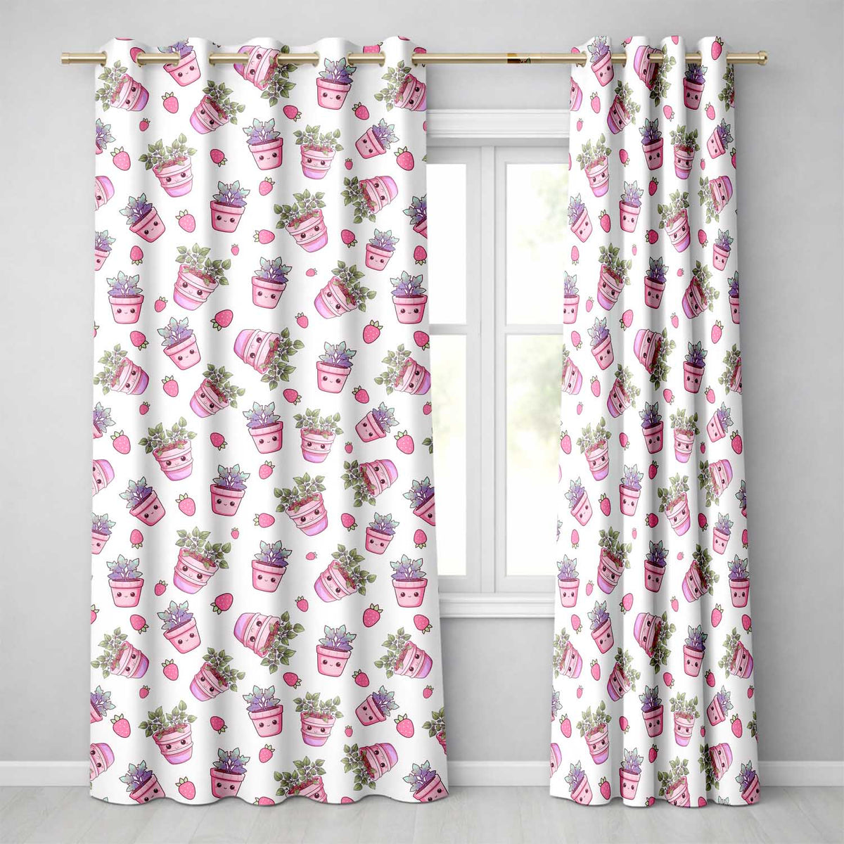 Cute Kawaii Pink Plant Pots Strawberries Seamless Pattern Readymade Eyelet Ring Top Thermal 100% Blackout Curtains
