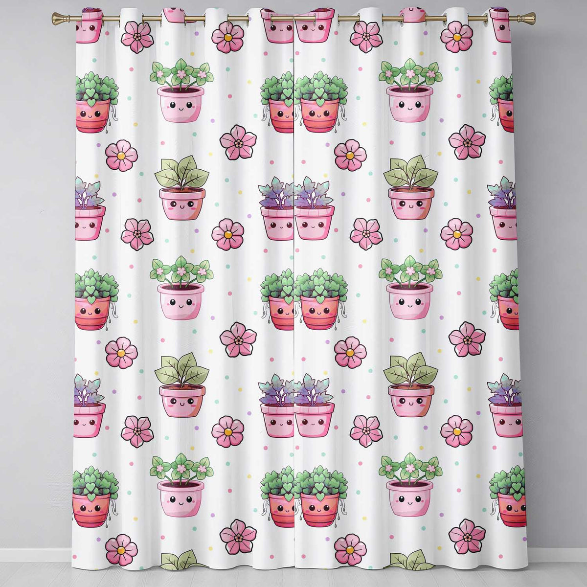 Cute Kawaii Garden Tools Plants Bees Stars Seamless Pattern Readymade Eyelet Ring Top Thermal 100% Blackout Curtains