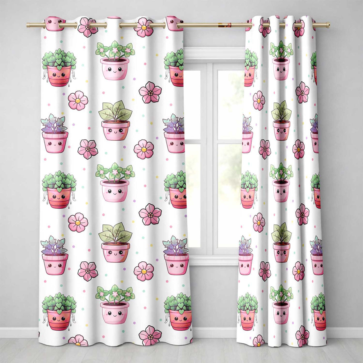 Cute Kawaii Garden Tools Plants Bees Stars Seamless Pattern Readymade Eyelet Ring Top Thermal 100% Blackout Curtains