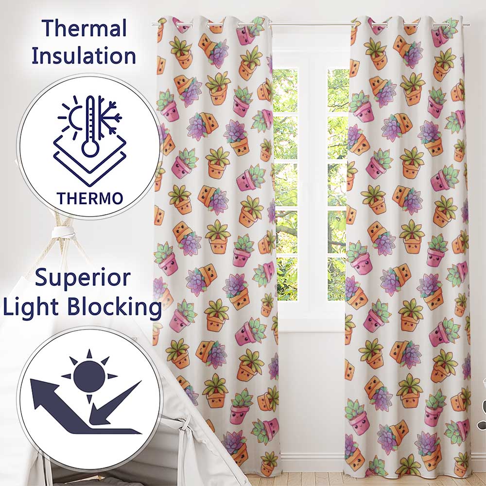 Cute Kawaii Floral Plant Pots Pastel Dots Seamless Pattern Readymade Eyelet Ring Top Thermal 100% Blackout Curtains