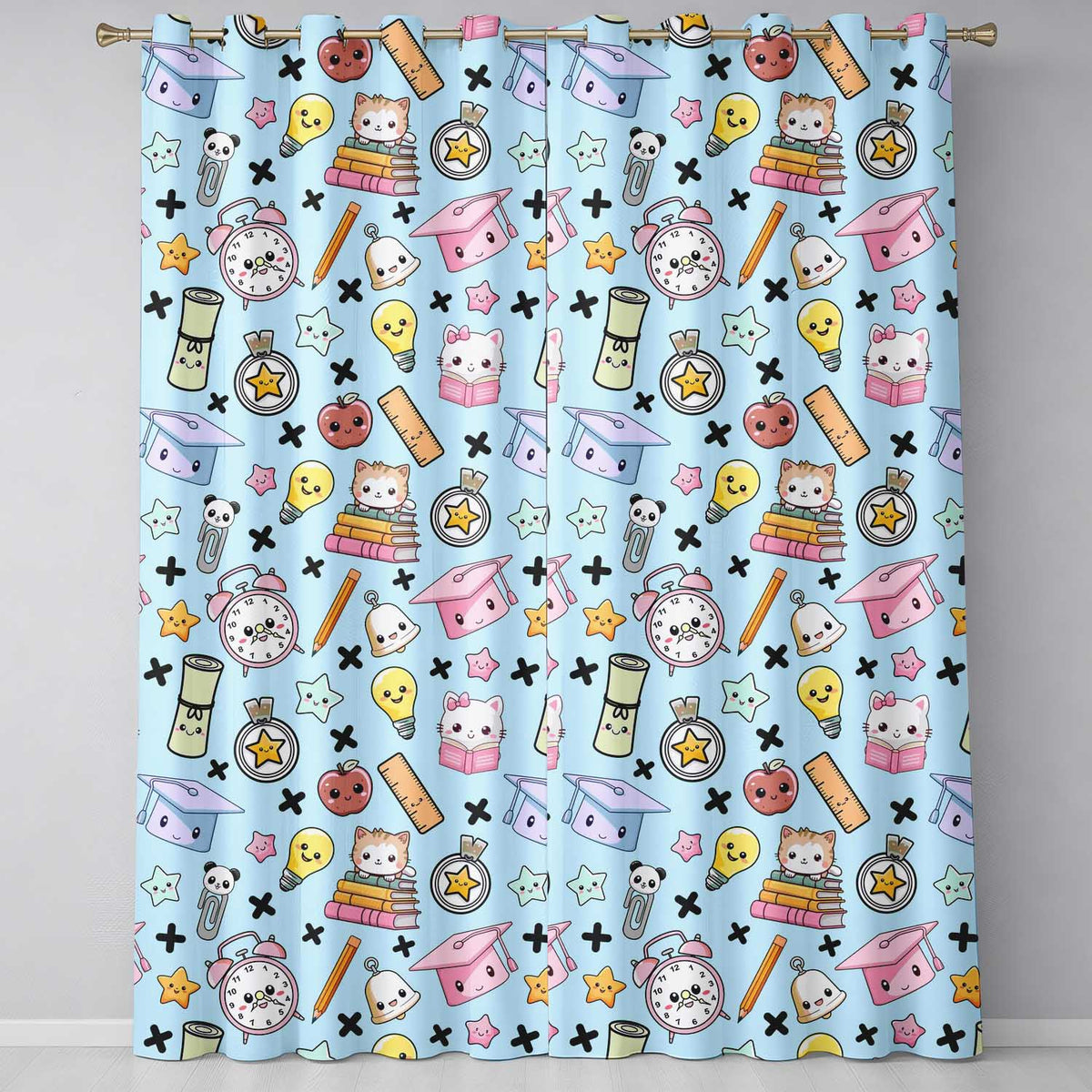Cute Kawaii School Supplies Cat Books Blue Background Seamless Pattern Readymade Eyelet Ring Top Thermal 100% Blackout Curtains