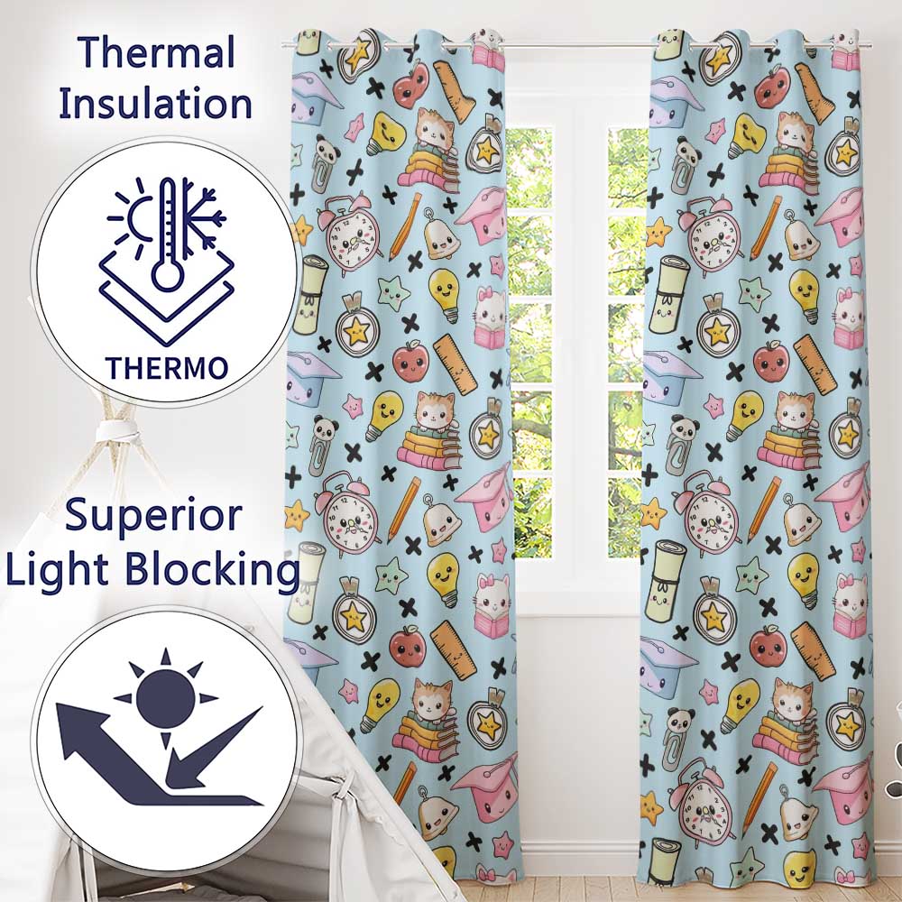 Cute Kawaii School Supplies Cat Books Blue Background Seamless Pattern Readymade Eyelet Ring Top Thermal 100% Blackout Curtains