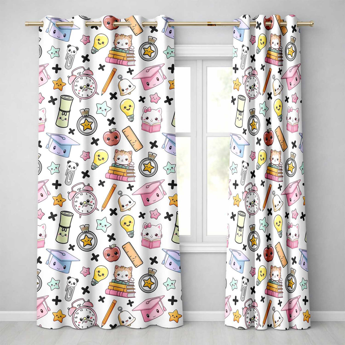 Cute Kawaii School Supplies Cat Books Grey Background Seamless Pattern Readymade Eyelet Ring Top Thermal 100% Blackout Curtains