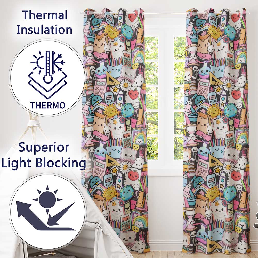 Cute Kawaii Busy School Supplies Desk Cartoon Seamless Pattern Readymade Eyelet Ring Top Thermal 100% Blackout Curtains