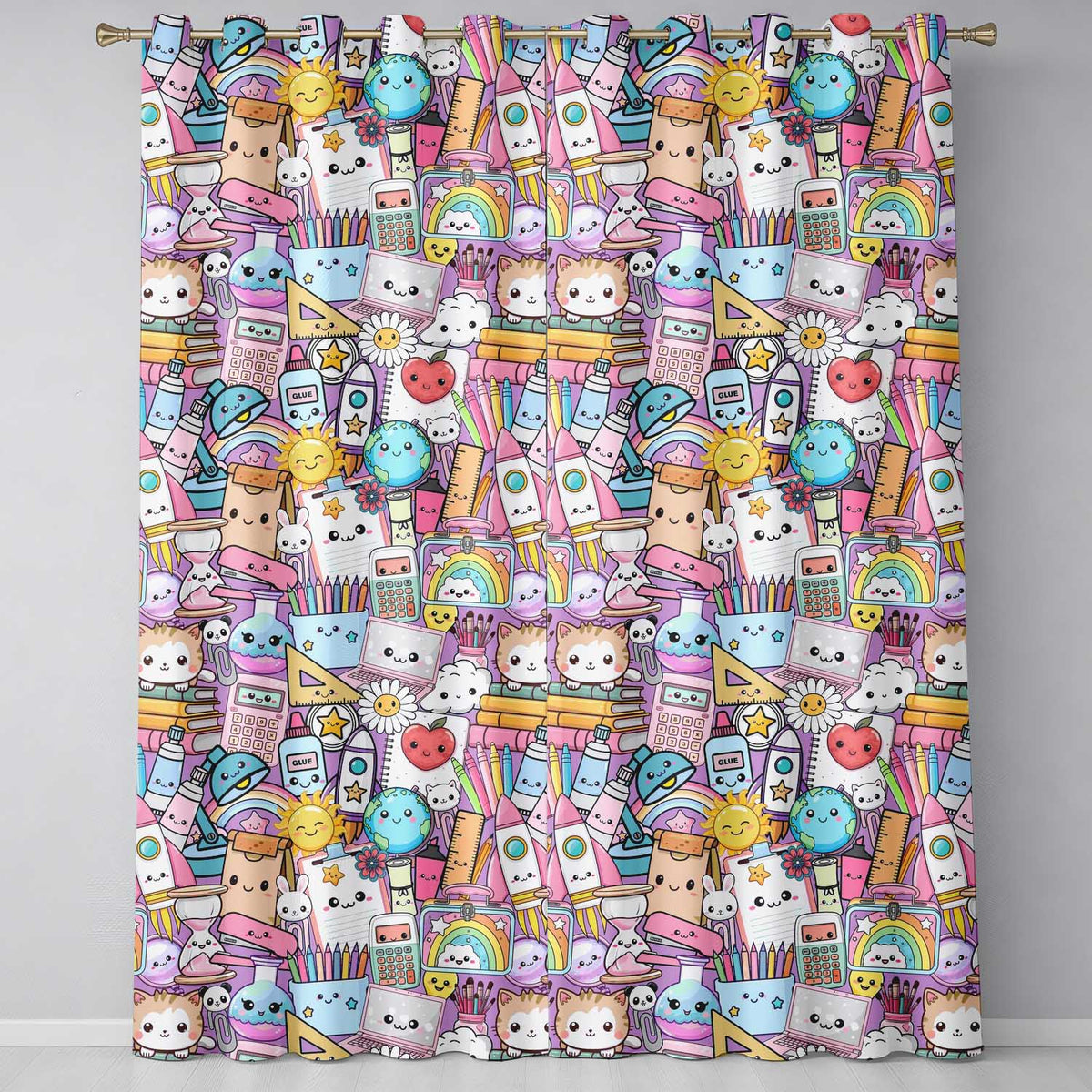 Cute Kawaii Busy School Supplies Desk Purple Background Seamless Pattern Readymade Eyelet Ring Top Thermal 100% Blackout Curtains