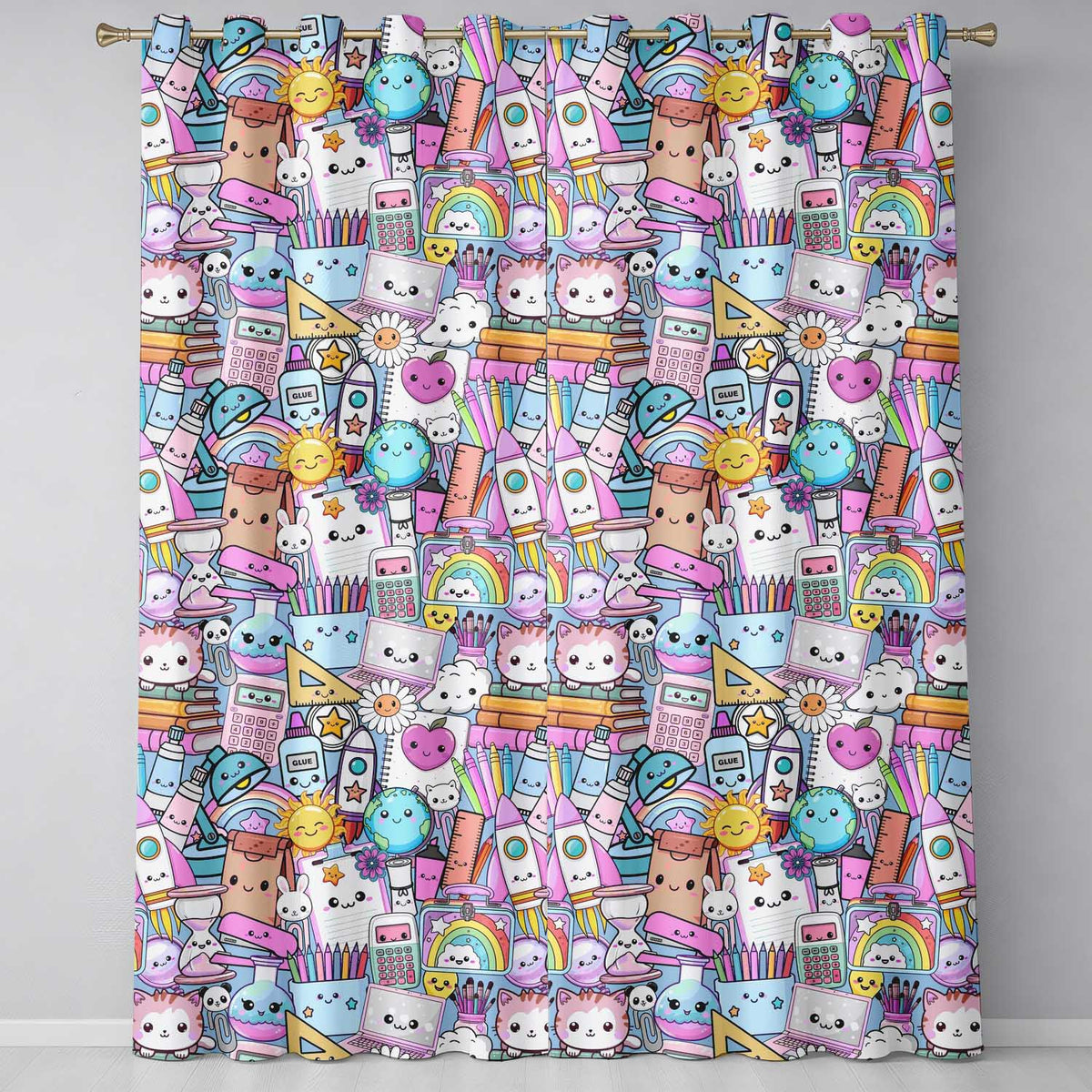Cute Kawaii School Supplies Desk Rainbow Sun Globe Seamless Pattern Readymade Eyelet Ring Top Thermal 100% Blackout Curtains
