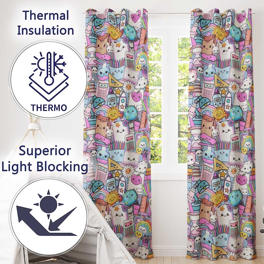 Cute Kawaii School Supplies Desk Rainbow Sun Globe Seamless Pattern Readymade Eyelet Ring Top Thermal 100% Blackout Curtains