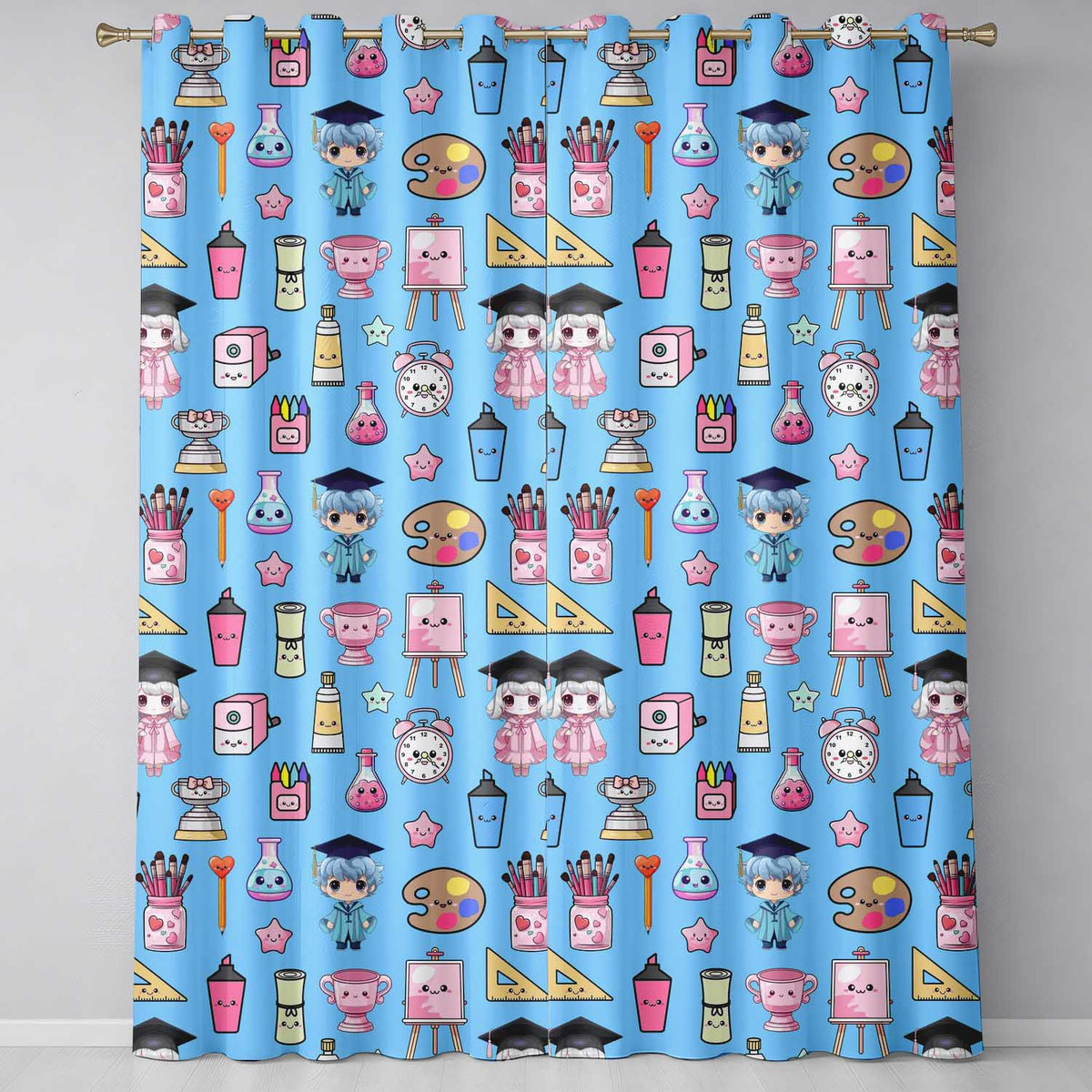Cute Kawaii Graduation Student Art Supplies Blue Seamless Pattern Readymade Eyelet Ring Top Thermal 100% Blackout Curtains