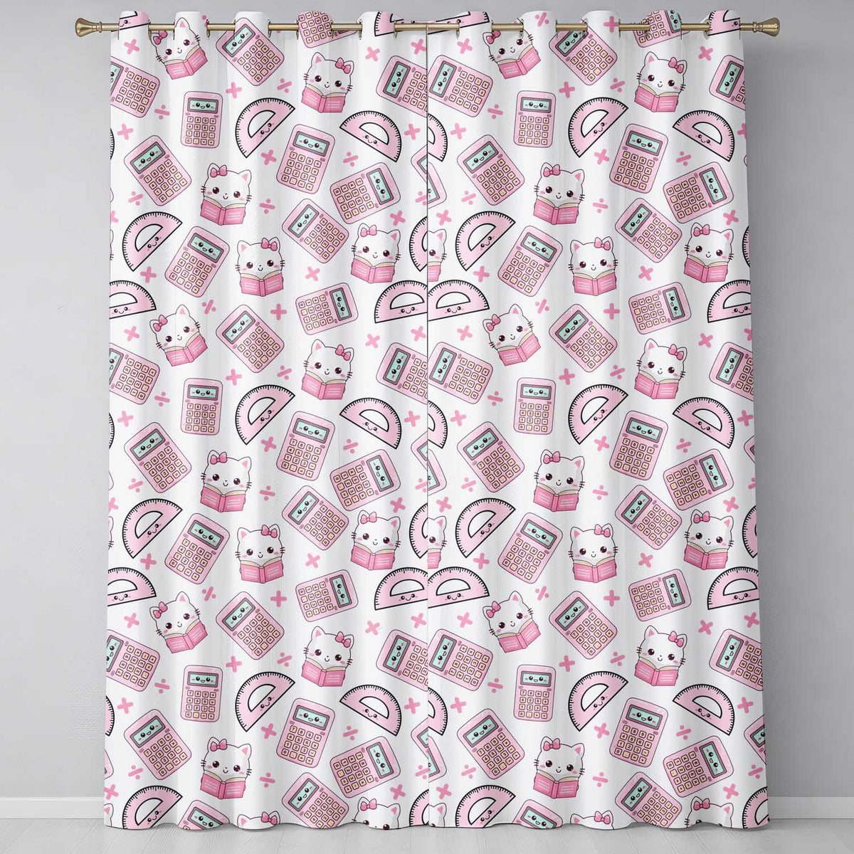 Cute Kawaii Maths Cat Calculator Ruler Grey Seamless Pattern Readymade Eyelet Ring Top Thermal 100% Blackout Curtains