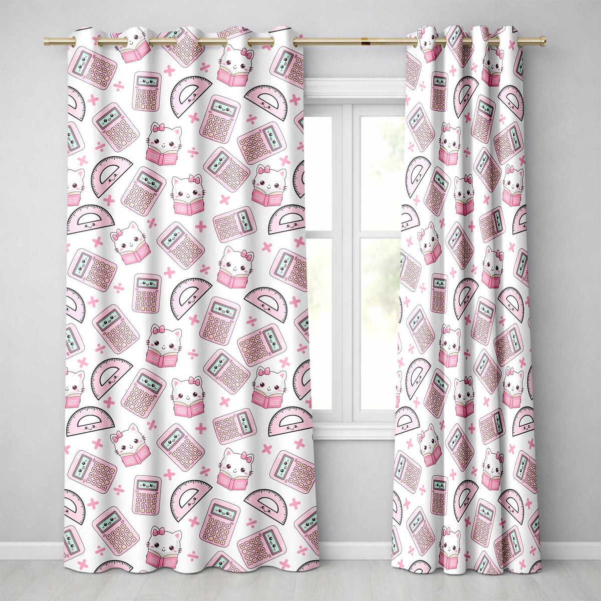 Cute Kawaii Maths Cat Calculator Ruler Grey Seamless Pattern Readymade Eyelet Ring Top Thermal 100% Blackout Curtains