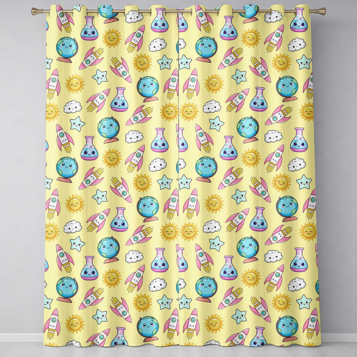 Cute Kawaii Space Rocket Globe Sun Star Yellow Seamless Pattern Readymade Eyelet Ring Top Thermal 100% Blackout Curtains