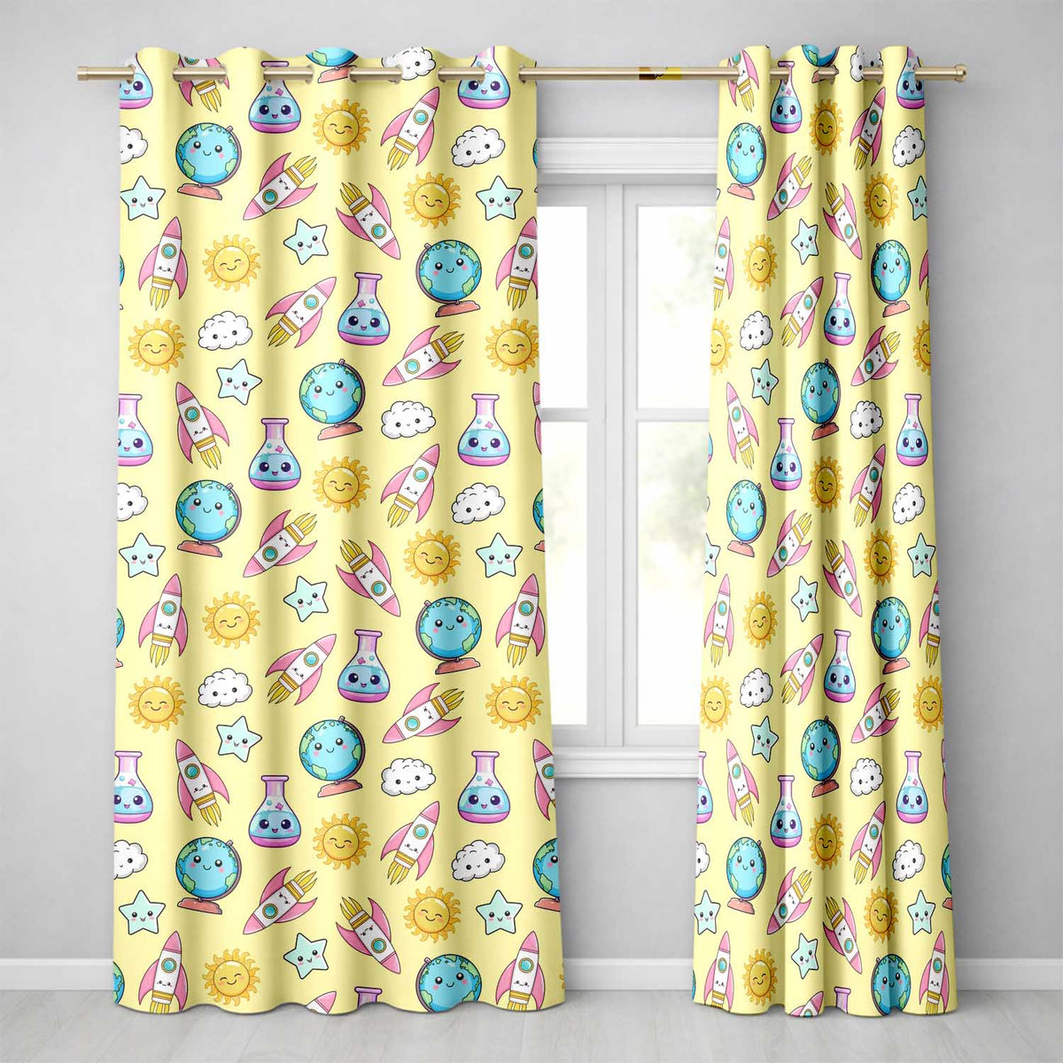 Cute Kawaii Space Rocket Globe Sun Star Yellow Seamless Pattern Readymade Eyelet Ring Top Thermal 100% Blackout Curtains