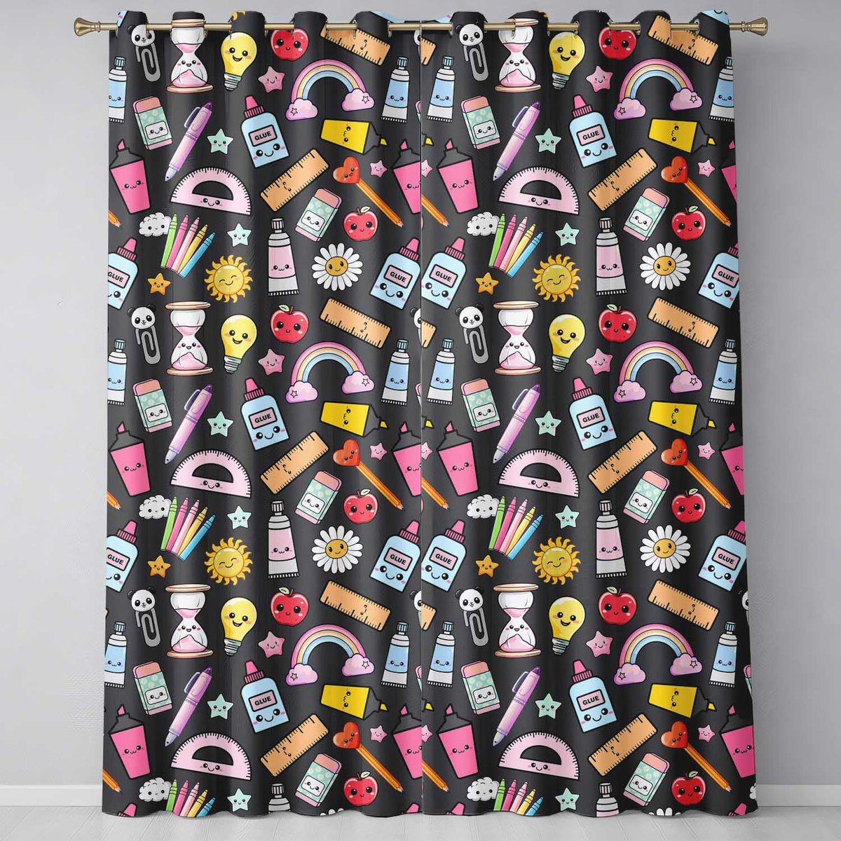Cute Kawaii School Supplies Rainbow Apple Glue Dark Seamless Pattern Readymade Eyelet Ring Top Thermal 100% Blackout Curtains