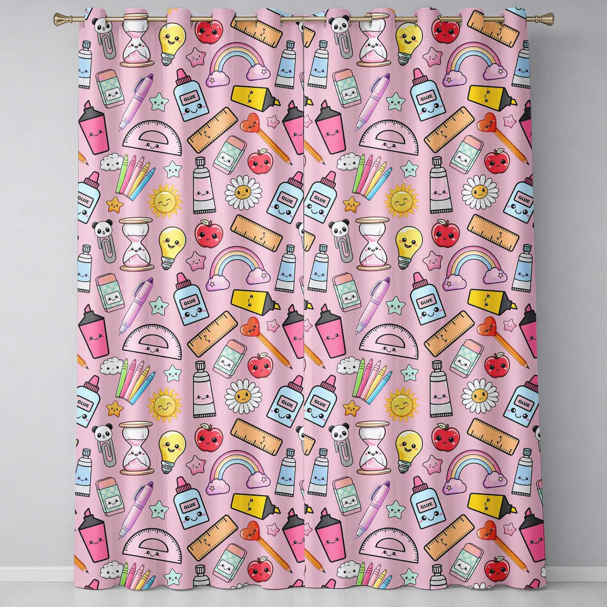 Cute Kawaii School Supplies Glue Rainbow Apple Pink Background Seamless Pattern Readymade Eyelet Ring Top Thermal 100% Blackout Curtains