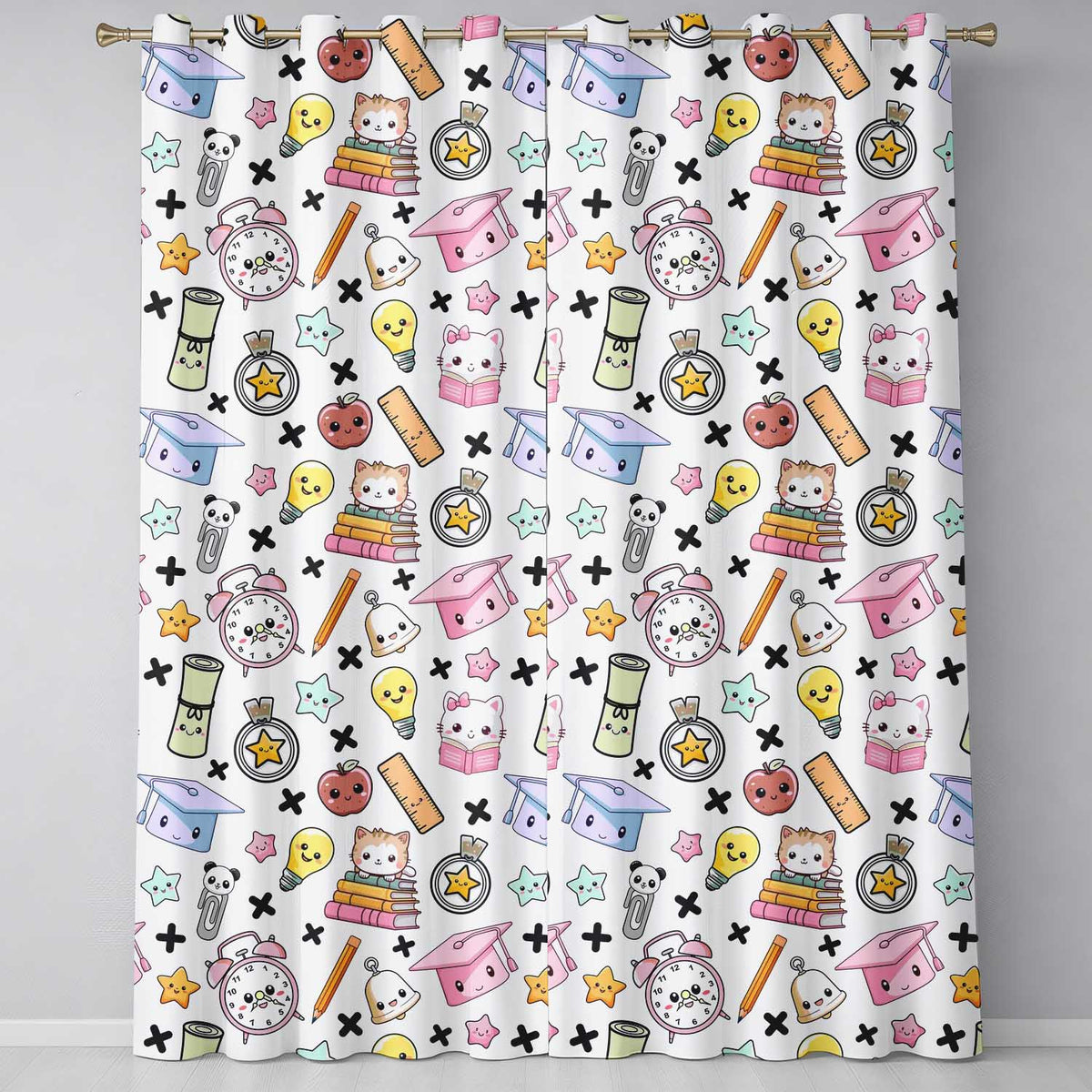 Cute Kawaii School Cat Books Apple Clock Bell Pencil Grey Seamless Pattern Readymade Eyelet Ring Top Thermal 100% Blackout Curtains