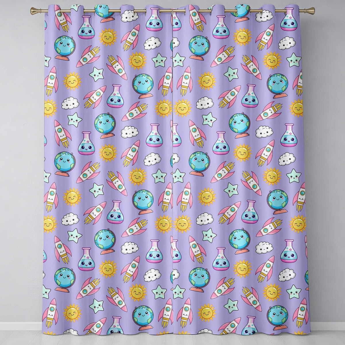 Cute Kawaii Space Rockets Planets Globes Suns Stars Purple Seamless Pattern Readymade Eyelet Ring Top Thermal 100% Blackout Curtains
