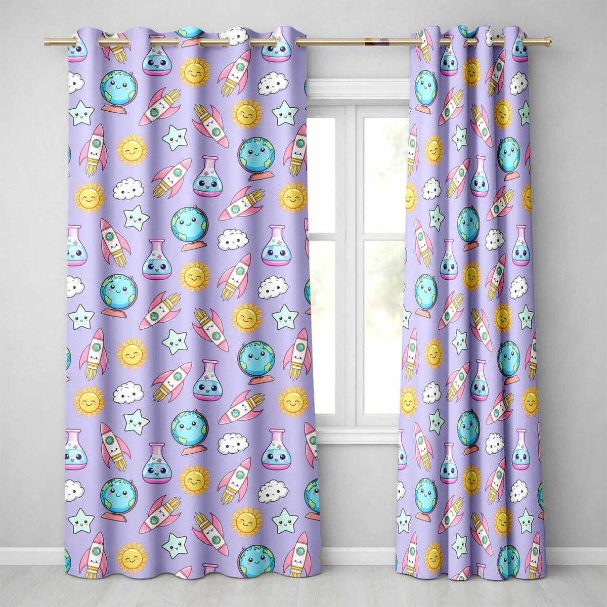 Cute Kawaii Space Rockets Planets Globes Suns Stars Purple Seamless Pattern Readymade Eyelet Ring Top Thermal 100% Blackout Curtains