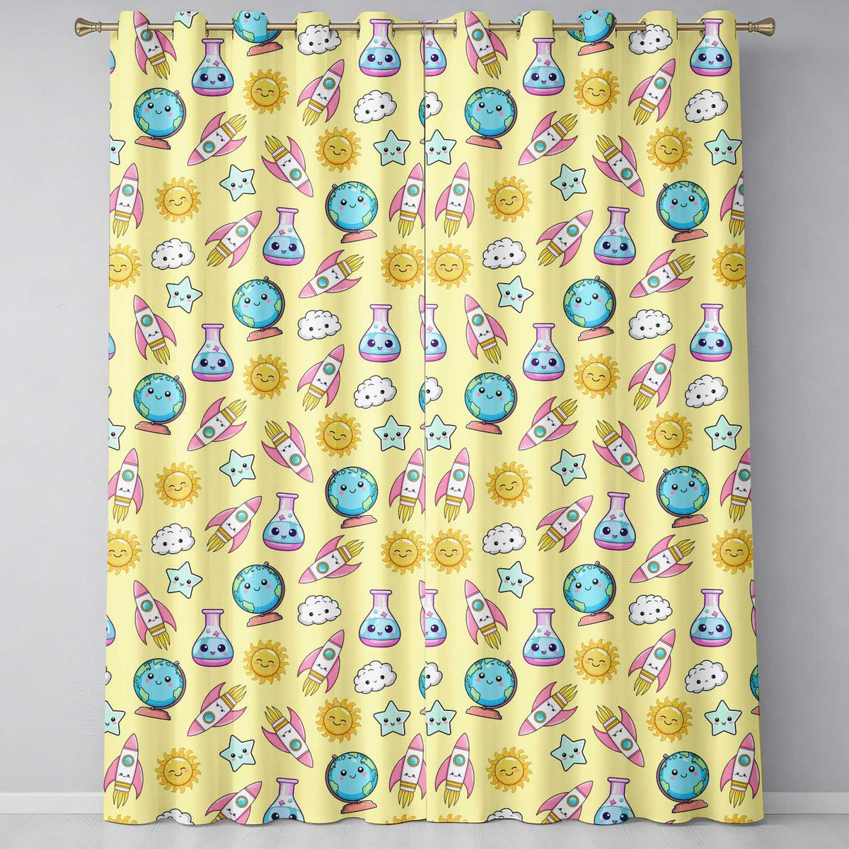 Cute Kawaii Space Rockets Planets Globes Suns Stars Yellow Seamless Pattern Readymade Eyelet Ring Top Thermal 100% Blackout Curtains