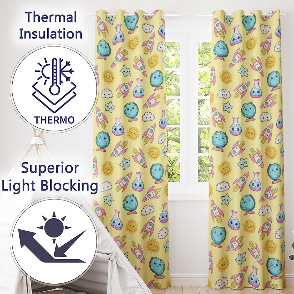 Cute Kawaii Space Rockets Planets Globes Suns Stars Yellow Seamless Pattern Readymade Eyelet Ring Top Thermal 100% Blackout Curtains