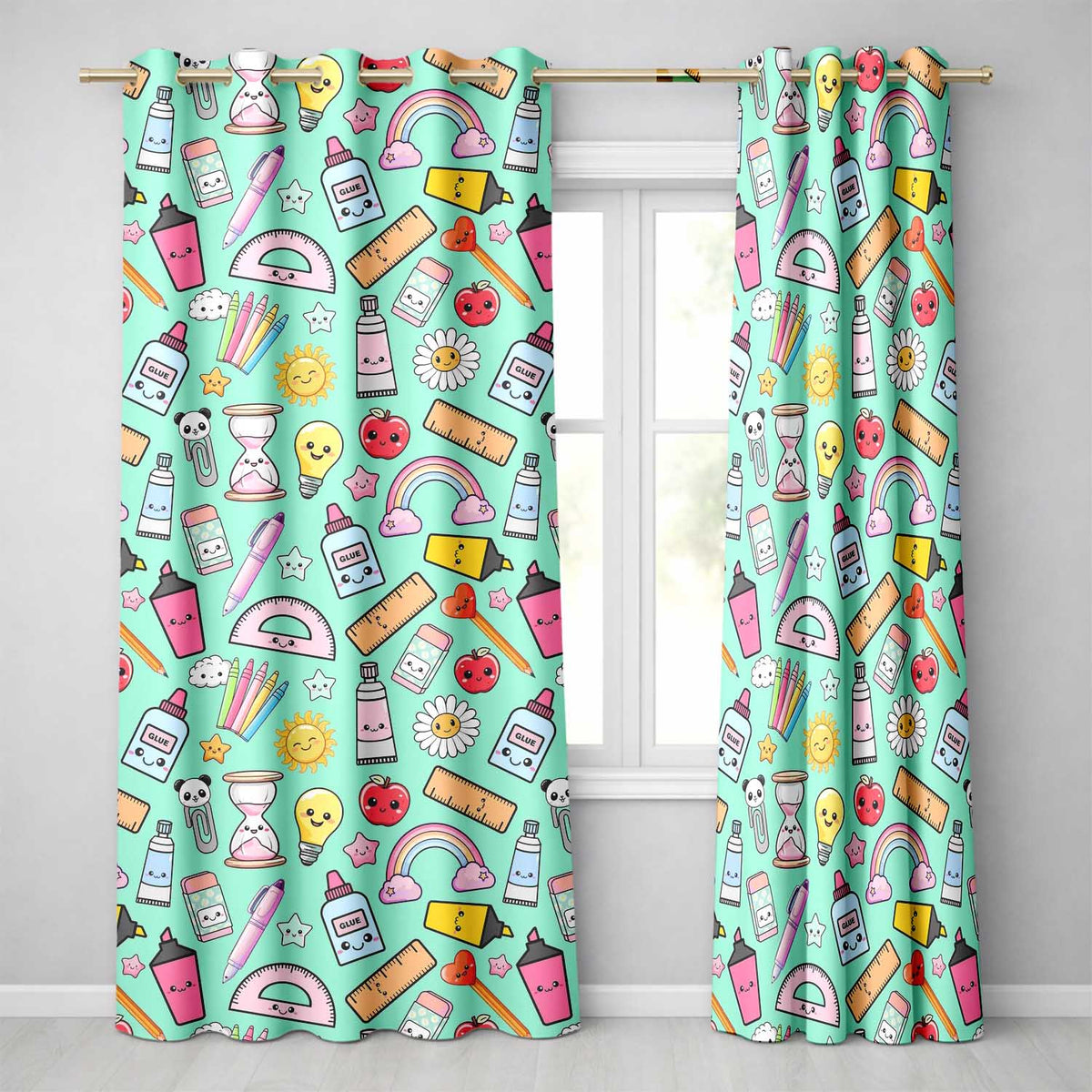 Cute Kawaii School Supplies Glue Ruler Rainbow Apple Green Seamless Pattern Readymade Eyelet Ring Top Thermal 100% Blackout Curtains