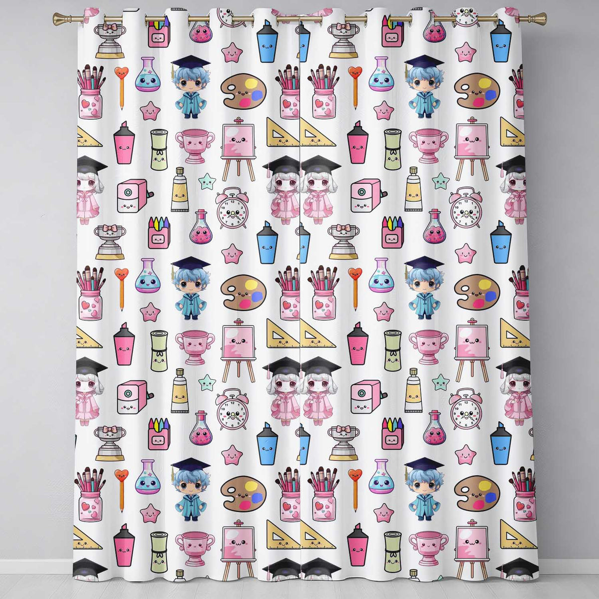 Cute Kawaii Graduation Theme Student Trophy Paint Palette Art Seamless Pattern Readymade Eyelet Ring Top Thermal 100% Blackout Curtains