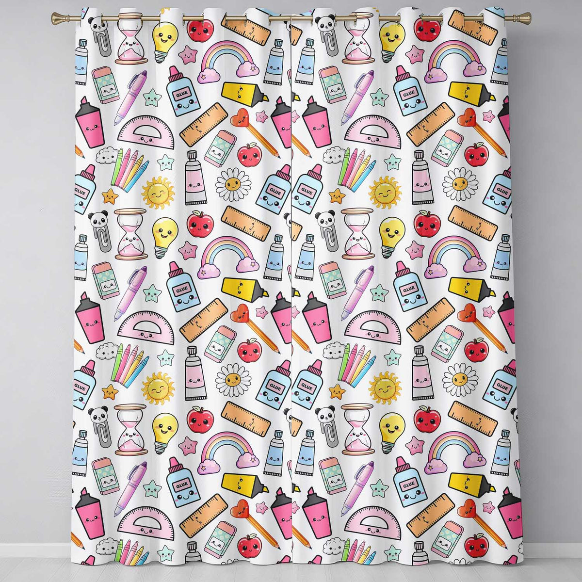 Cute Kawaii Creative School Supplies Mixed Fun Seamless Pattern Readymade Eyelet Ring Top Thermal 100% Blackout Curtains